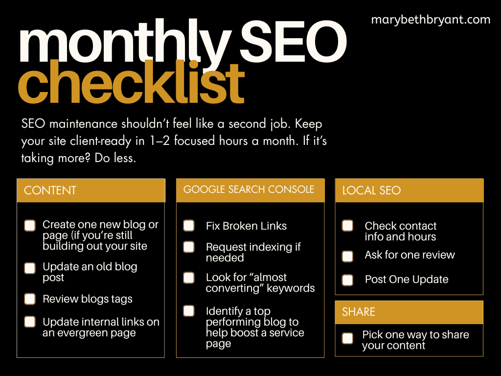 Monthly SEO Maintenance Checklist for photographers and creatives