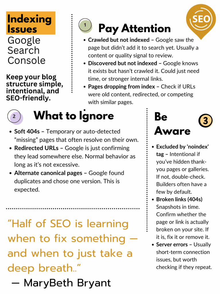 infographic on what the indexing issues mean in google search console. What to worry about and what to ignore